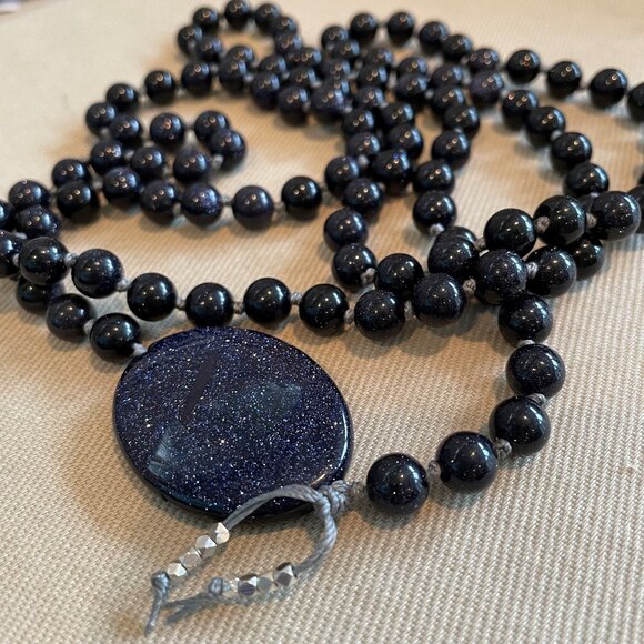 Custom Hand Knotted Goldstone and Glass Mala Necklace/ Meditation Jewelry - Picture 2 of 2